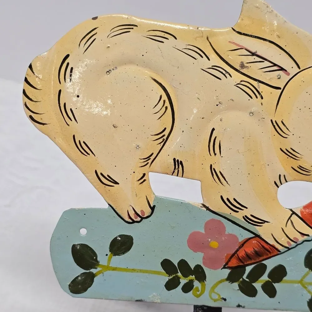 Vintage Hand Painted Folk Art Bunny Rabbit Farmhouse Metal Wall Hook Easter